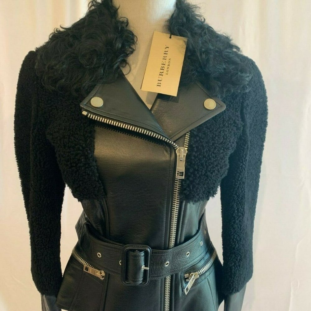 Burberry London Womens Oxvale Leather Shearling Jacket Size US 4 Black $3795
